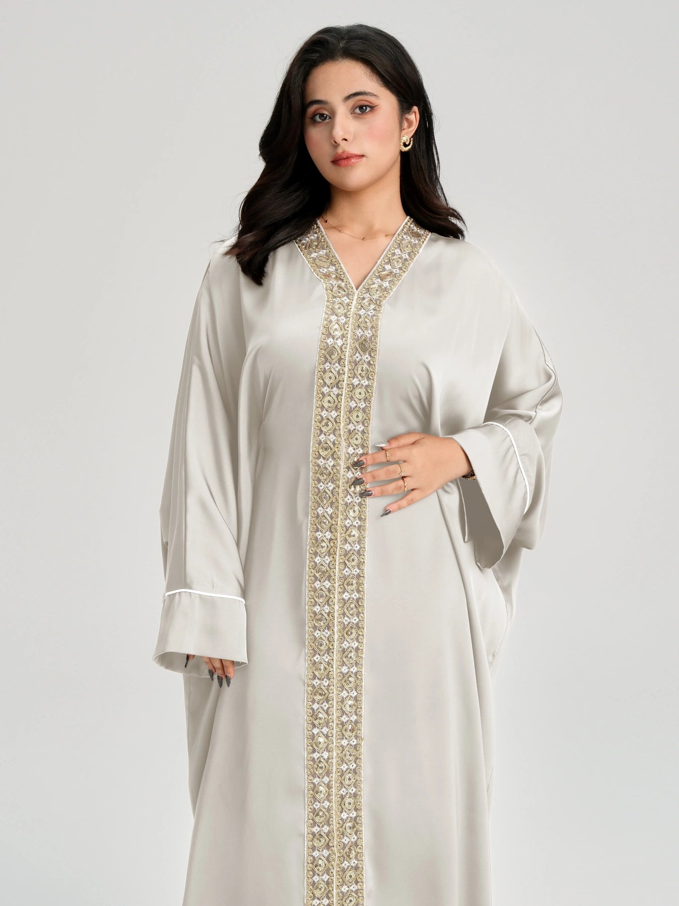 LM122 Gold Lace Kaftan Abaya with Inner Belt | Khaleeji Modest Maxi Dress