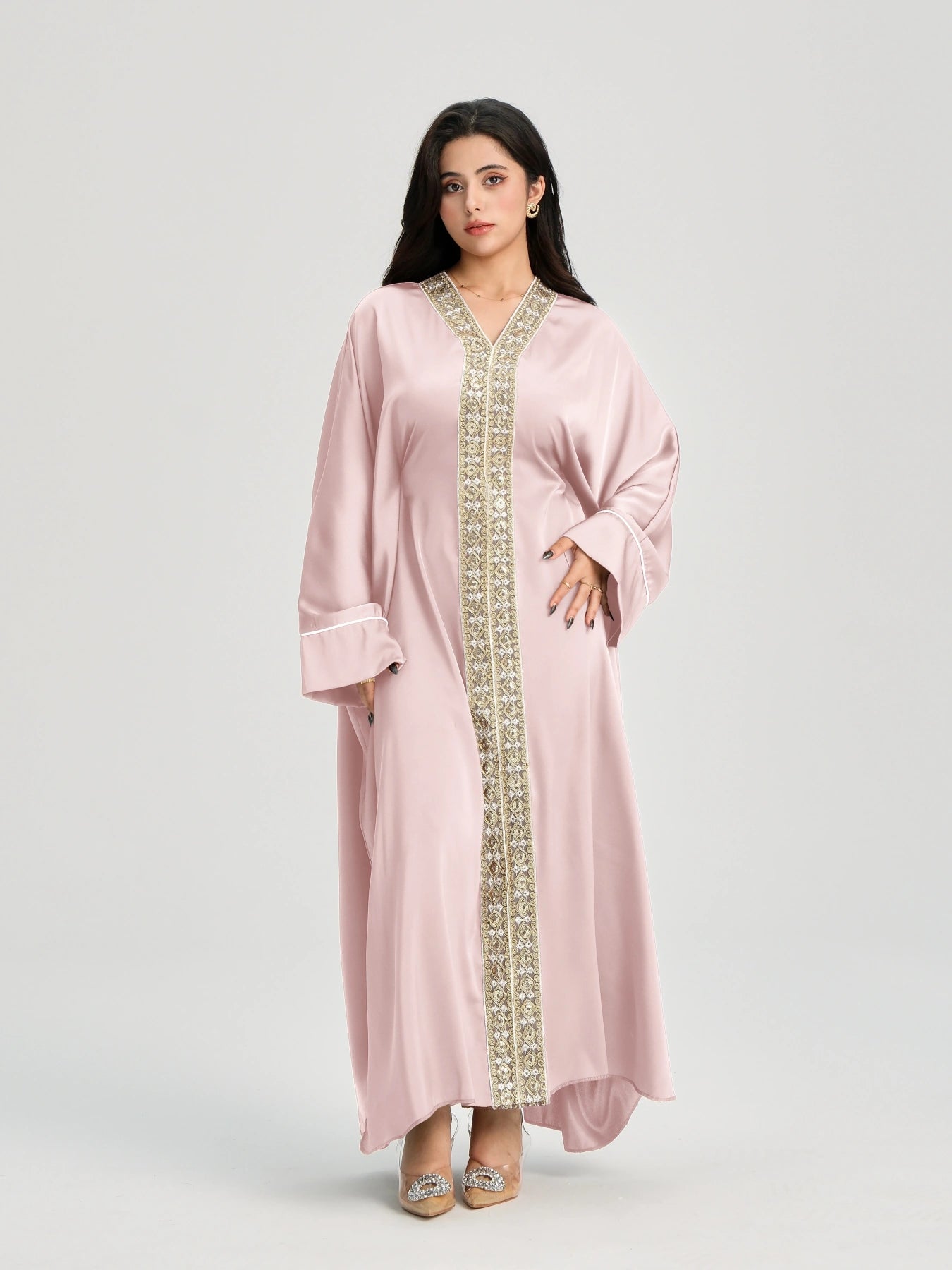 LM122 Gold Lace Kaftan Abaya with Inner Belt | Khaleeji Modest Maxi Dress