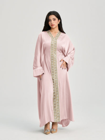 LM122 Gold Lace Kaftan Abaya with Inner Belt | Khaleeji Modest Maxi Dress