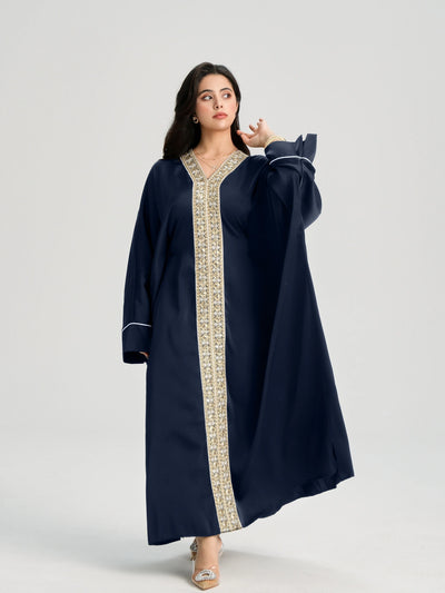LM122 Gold Lace Kaftan Abaya with Inner Belt | Khaleeji Modest Maxi Dress