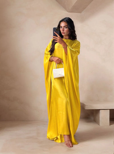 LM079 Eid & Iftar Shiny Kaftan Abaya with Butterfly Accents & Inner Belt | Plus Size Batwing Dress
