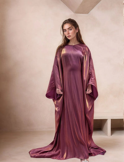 LM079 Eid & Iftar Shiny Kaftan Abaya with Butterfly Accents & Inner Belt | Plus Size Batwing Dress
