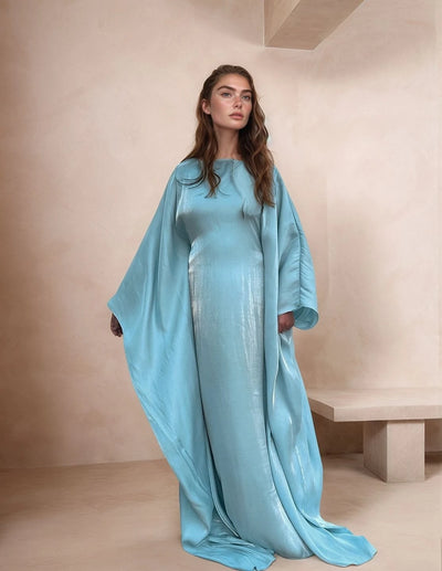 LM079 Eid & Iftar Shiny Kaftan Abaya with Butterfly Accents & Inner Belt | Plus Size Batwing Dress