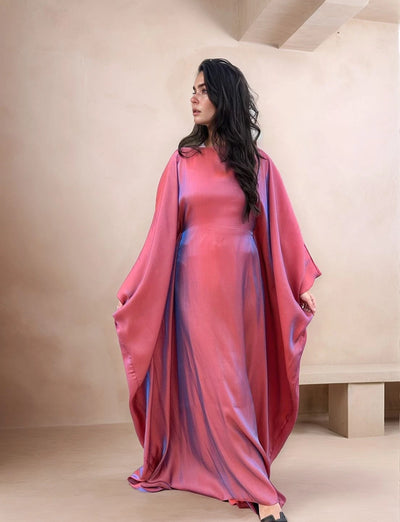 LM079 Eid & Iftar Shiny Kaftan Abaya with Butterfly Accents & Inner Belt | Plus Size Batwing Dress