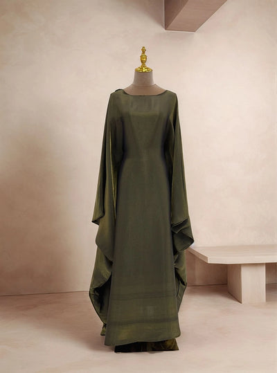 LM079 Eid & Iftar Shiny Kaftan Abaya with Butterfly Accents & Inner Belt | Plus Size Batwing Dress