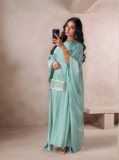 LM079 Eid & Iftar Shiny Kaftan Abaya with Butterfly Accents & Inner Belt | Plus Size Batwing Dress