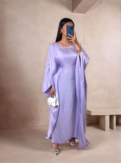 LM079 Eid & Iftar Shiny Kaftan Abaya with Butterfly Accents & Inner Belt | Plus Size Batwing Dress