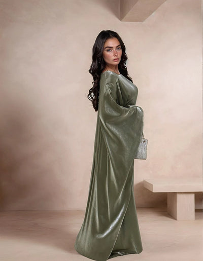 LM079 Eid & Iftar Shiny Kaftan Abaya with Butterfly Accents & Inner Belt | Plus Size Batwing Dress