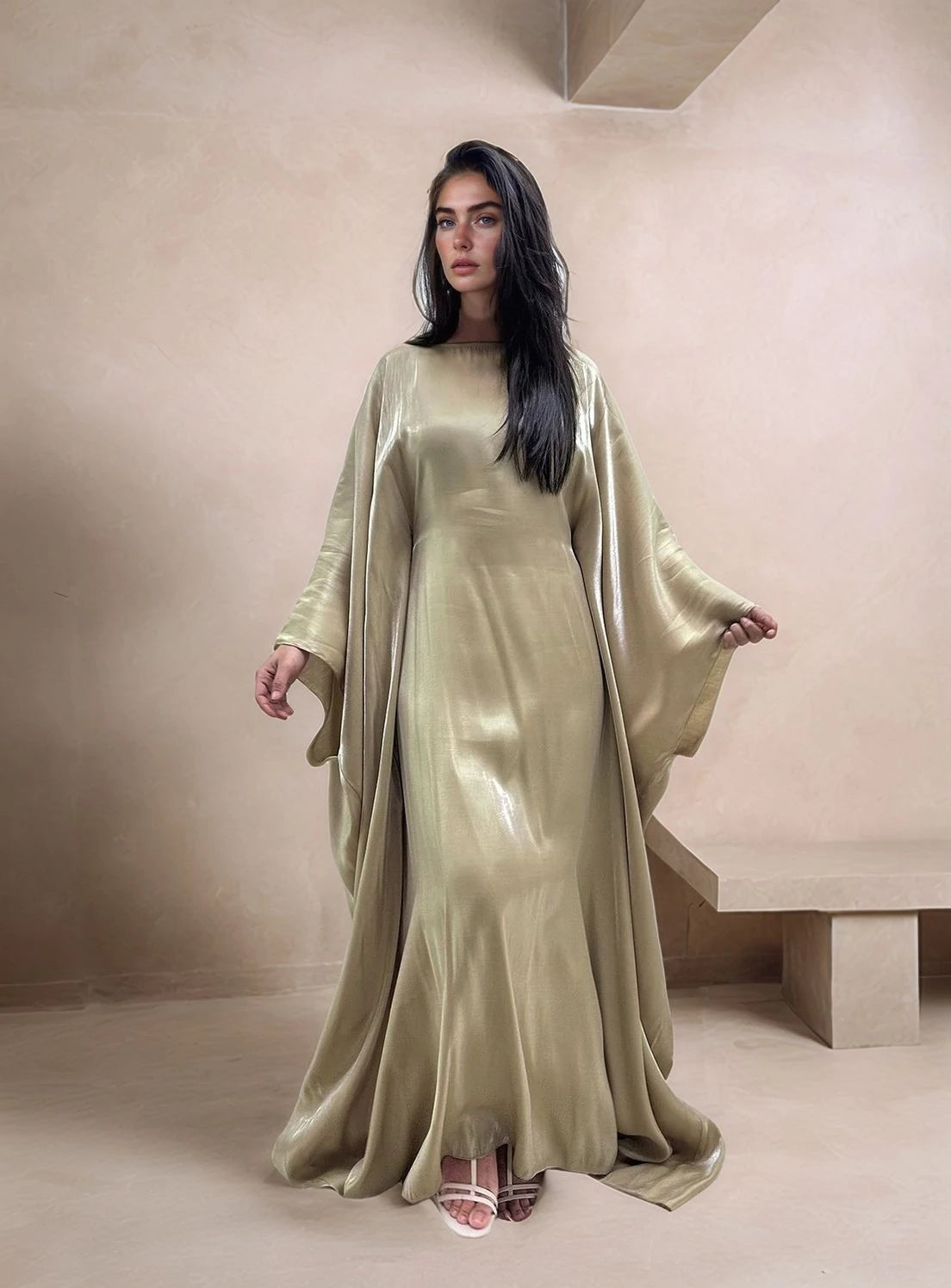 LM079 Eid & Iftar Shiny Kaftan Abaya with Butterfly Accents & Inner Belt | Plus Size Batwing Dress