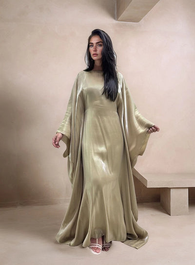 LM079 Eid & Iftar Shiny Kaftan Abaya with Butterfly Accents & Inner Belt | Plus Size Batwing Dress