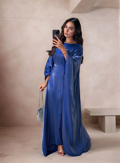 LM079 Eid & Iftar Shiny Kaftan Abaya with Butterfly Accents & Inner Belt | Plus Size Batwing Dress