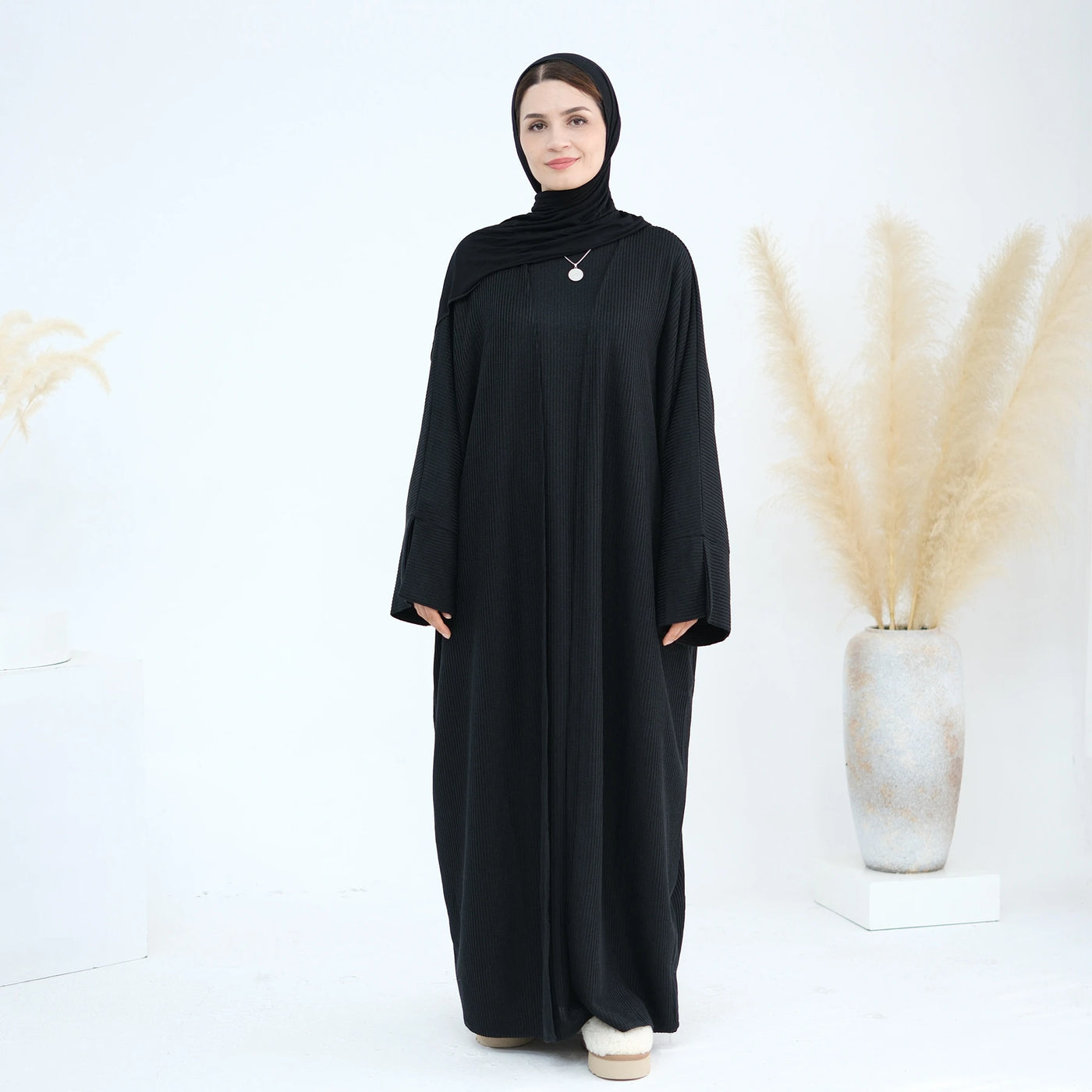 LM074 Warm Knitted Open Abaya Cardigan | Modest Winter Layering Piece with Open Front Design