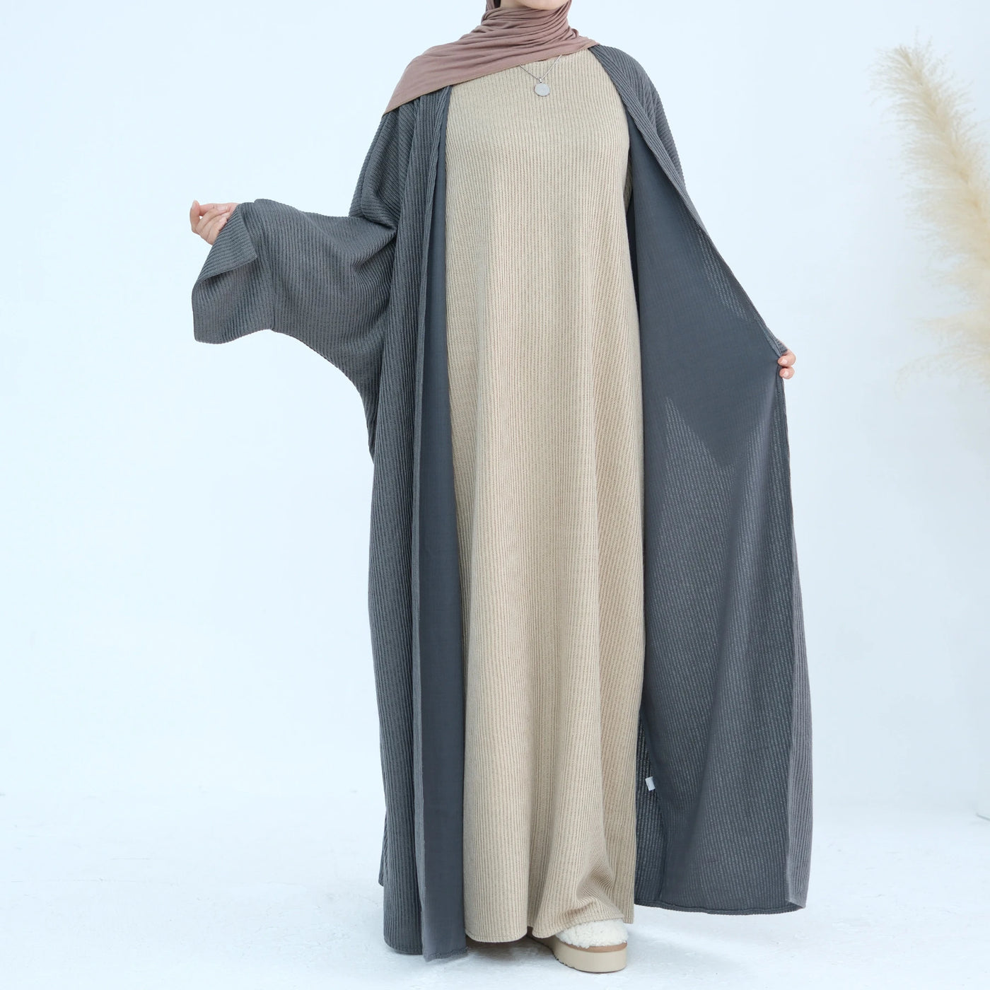 LM074 Warm Knitted Open Abaya Cardigan | Modest Winter Layering Piece with Open Front Design