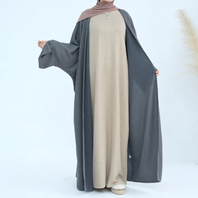 LM074 Warm Knitted Open Abaya Cardigan | Modest Winter Layering Piece with Open Front Design