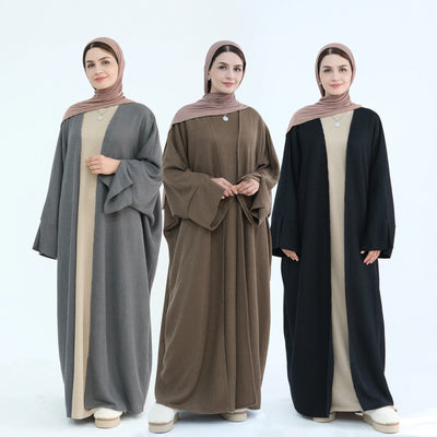 LM074 Warm Knitted Open Abaya Cardigan | Modest Winter Layering Piece with Open Front Design