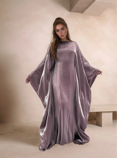 LM079 Eid & Iftar Shiny Kaftan Abaya with Butterfly Accents & Inner Belt | Plus Size Batwing Dress