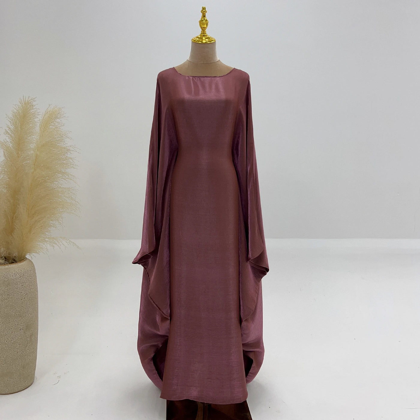 LM079 Eid & Iftar Shiny Kaftan Abaya with Butterfly Accents & Inner Belt | Plus Size Batwing Dress