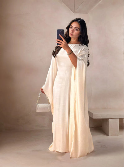 LM079 Eid & Iftar Shiny Kaftan Abaya with Butterfly Accents & Inner Belt | Plus Size Batwing Dress