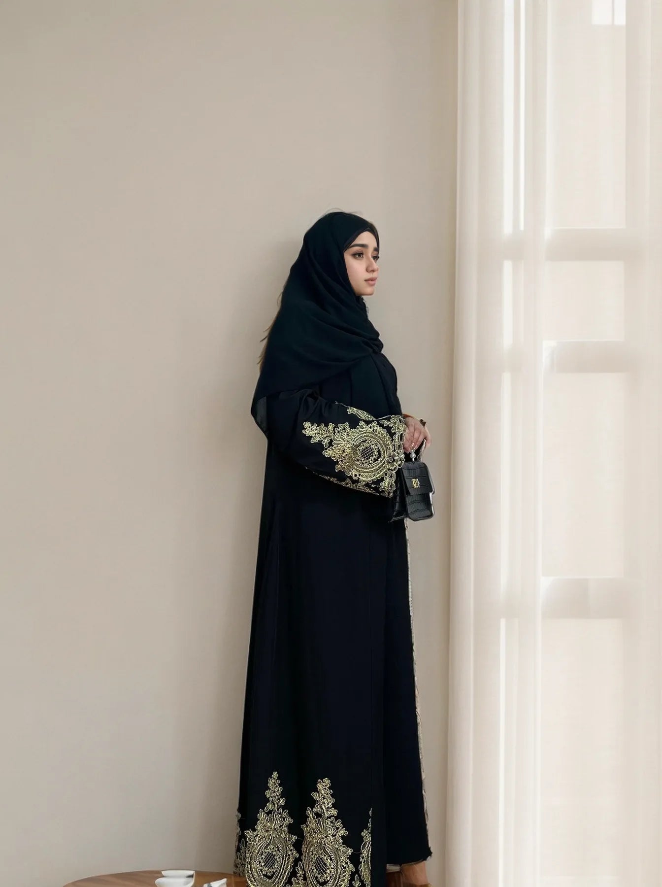LM015 Luxury Gold Embroidered Open Abaya | Premium Elegant Islamic Dress for