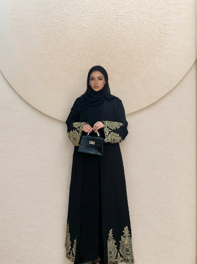 LM015 Luxury Gold Embroidered Open Abaya | Premium Elegant Islamic Dress for
