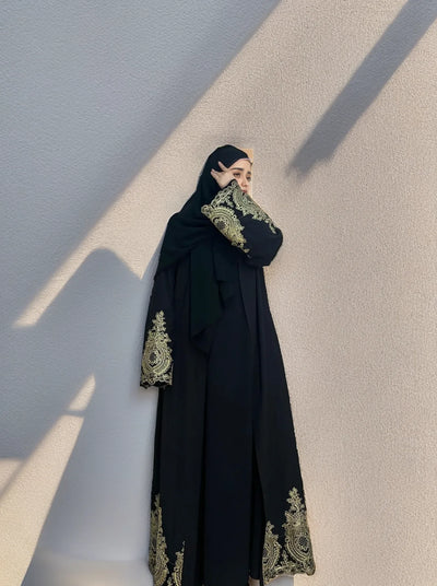 LM015 Luxury Gold Embroidered Open Abaya | Premium Elegant Islamic Dress for