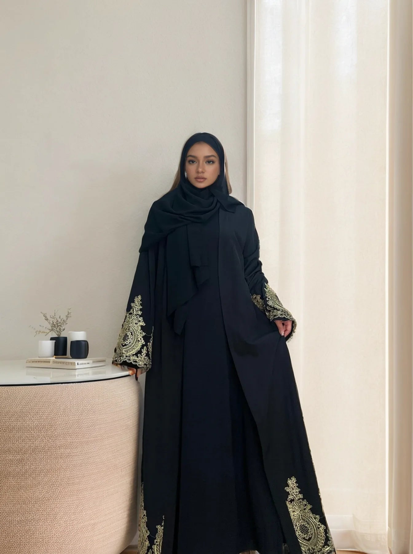 LM015 Luxury Gold Embroidered Open Abaya | Premium Elegant Islamic Dress for