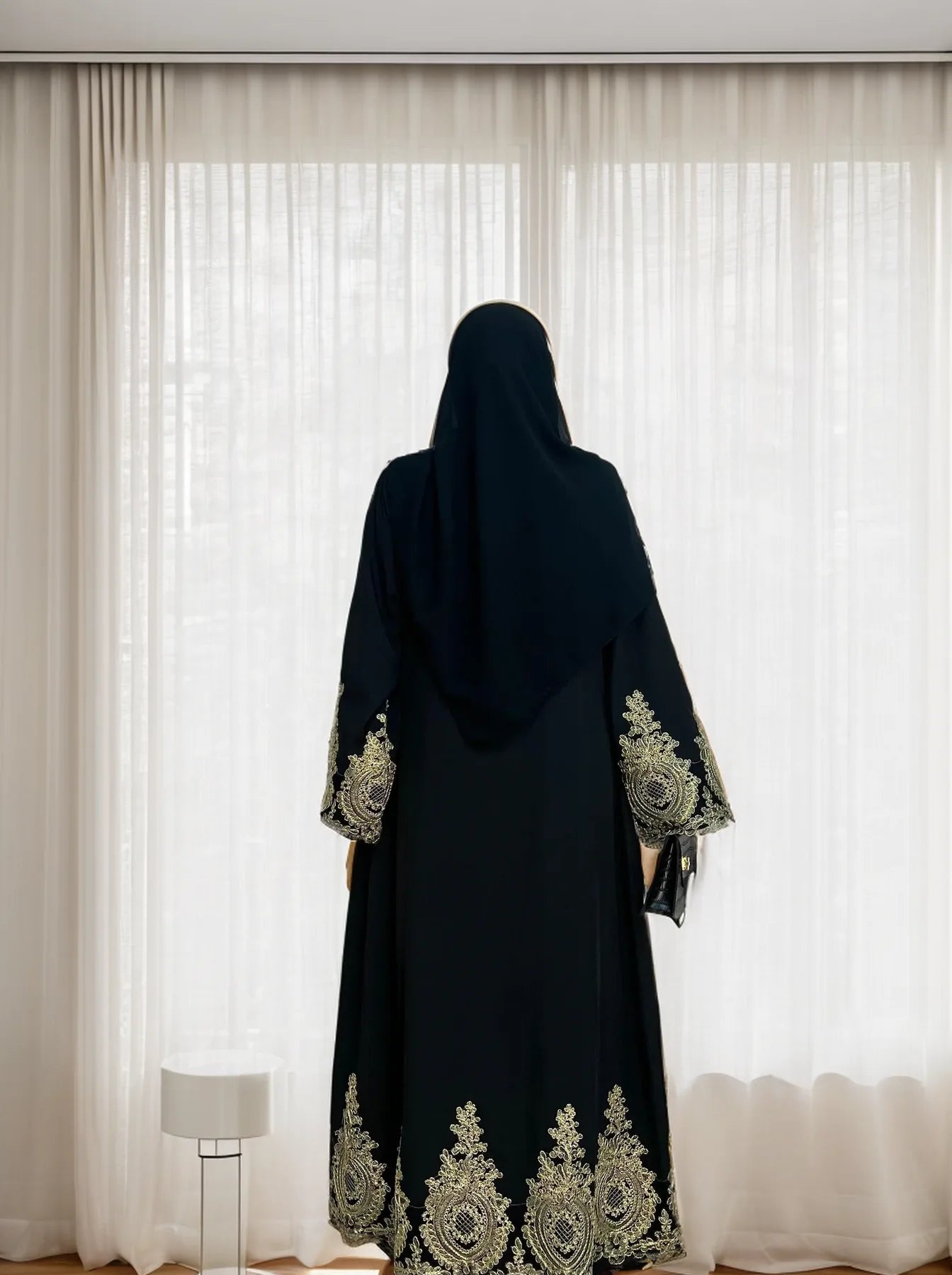 LM015 Luxury Gold Embroidered Open Abaya | Premium Elegant Islamic Dress for