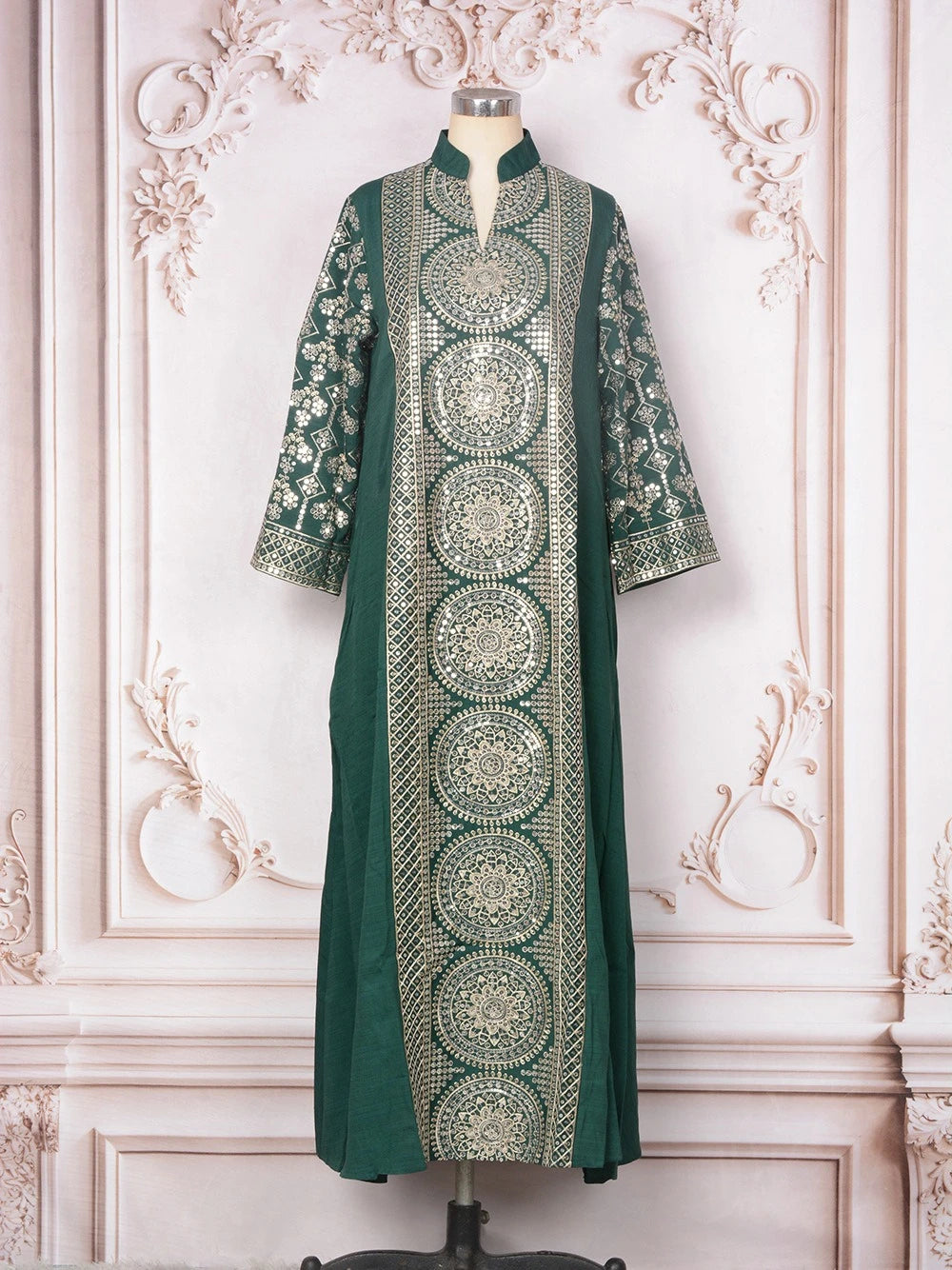 ML187 Embroidered Sequin Abaya Dress – Elegant V-Neck Modest Long Robe