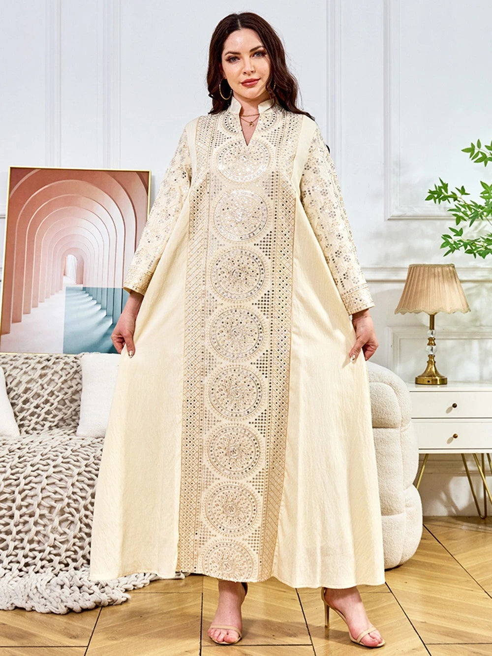 ML187 Embroidered Sequin Abaya Dress – Elegant V-Neck Modest Long Robe