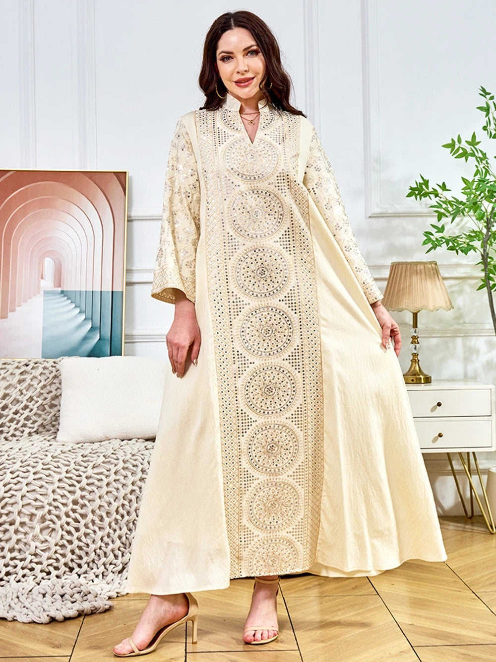 ML187 Embroidered Sequin Abaya Dress – Elegant V-Neck Modest Long Robe
