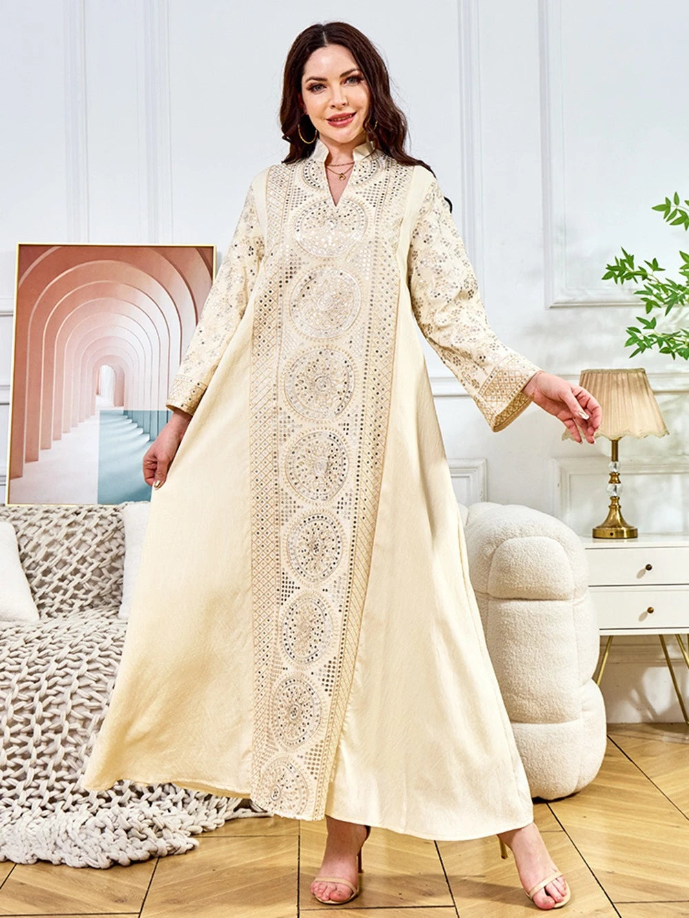 ML187 Embroidered Sequin Abaya Dress – Elegant V-Neck Modest Long Robe