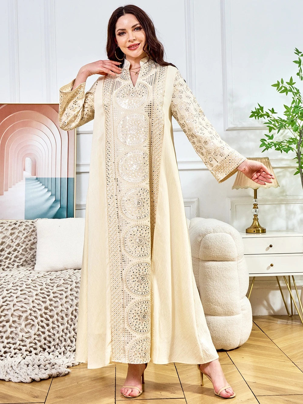 ML187 Embroidered Sequin Abaya Dress – Elegant V-Neck Modest Long Robe