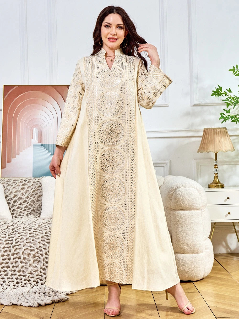 ML187 Embroidered Sequin Abaya Dress – Elegant V-Neck Modest Long Robe