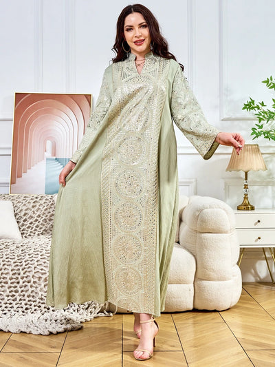 ML187 Embroidered Sequin Abaya Dress – Elegant V-Neck Modest Long Robe