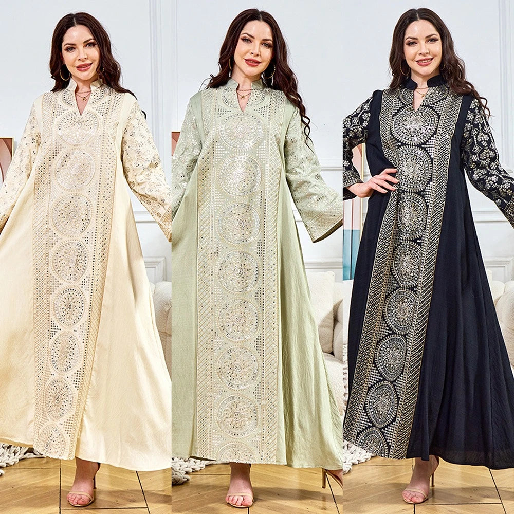 ML187 Embroidered Sequin Abaya Dress – Elegant V-Neck Modest Long Robe