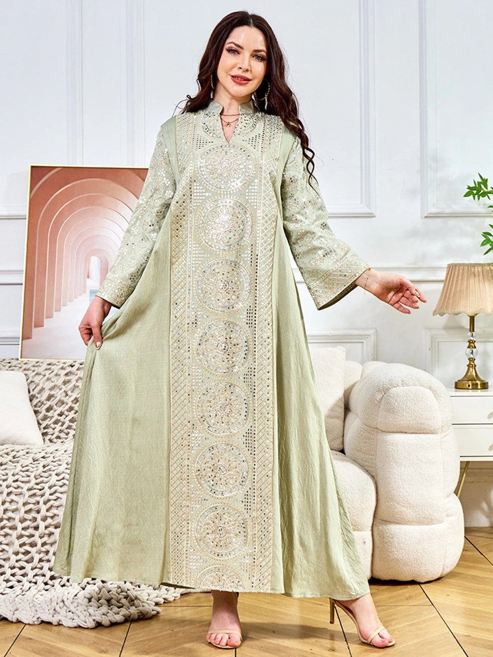 ML187 Embroidered Sequin Abaya Dress – Elegant V-Neck Modest Long Robe