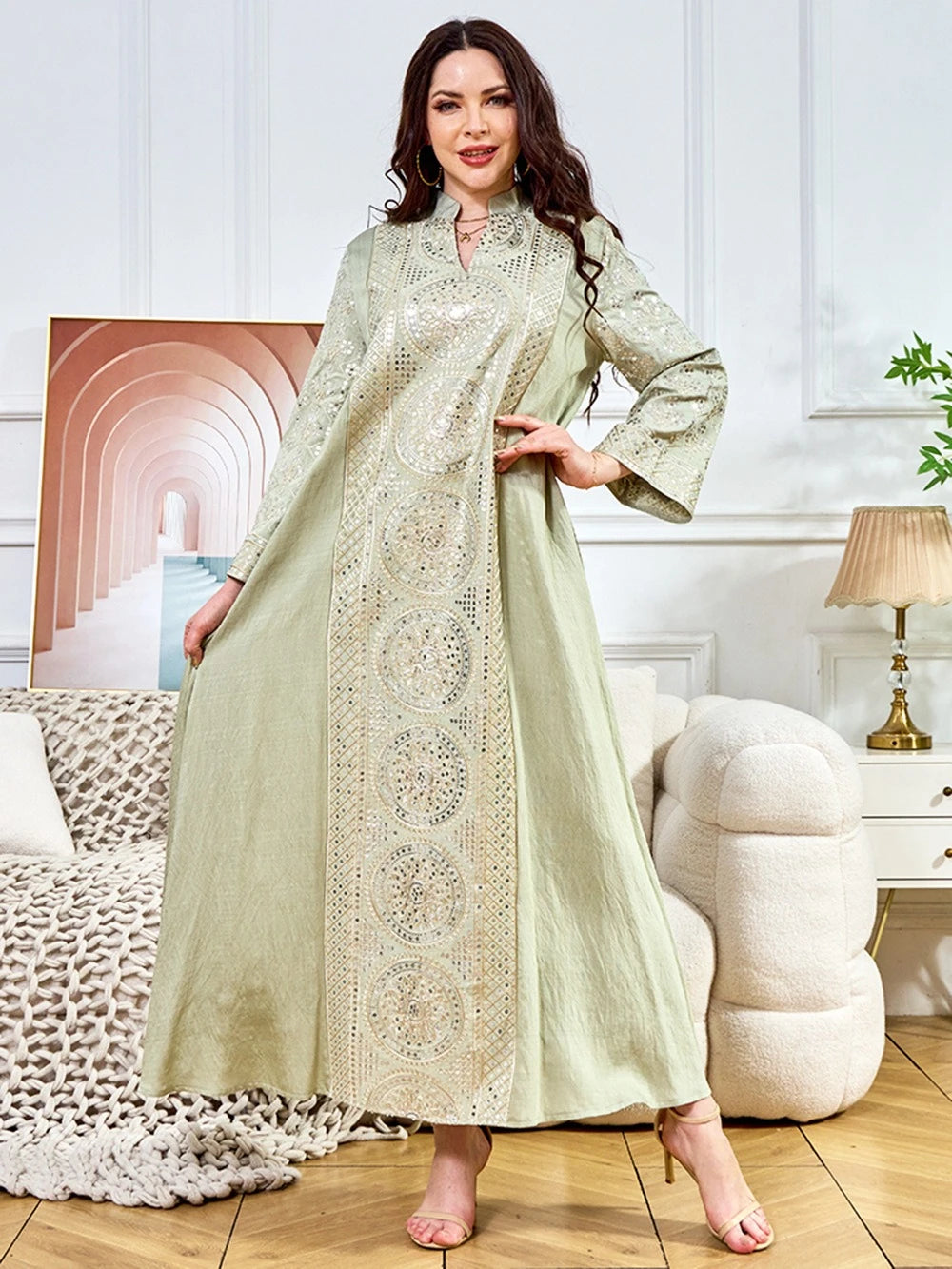 ML187 Embroidered Sequin Abaya Dress – Elegant V-Neck Modest Long Robe