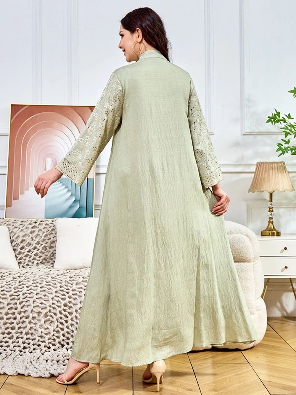 ML187 Embroidered Sequin Abaya Dress – Elegant V-Neck Modest Long Robe