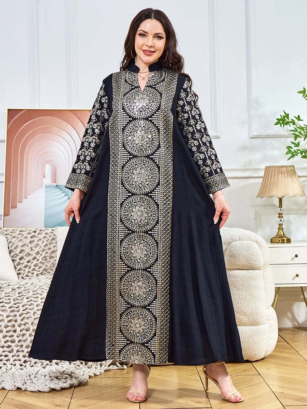 ML187 Embroidered Sequin Abaya Dress – Elegant V-Neck Modest Long Robe