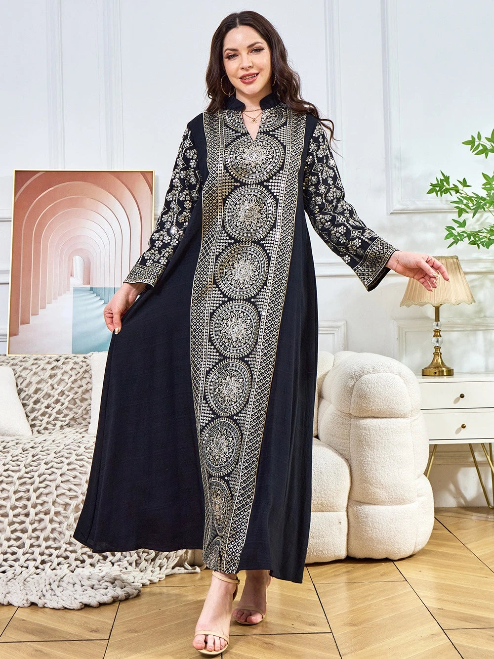 ML187 Embroidered Sequin Abaya Dress – Elegant V-Neck Modest Long Robe