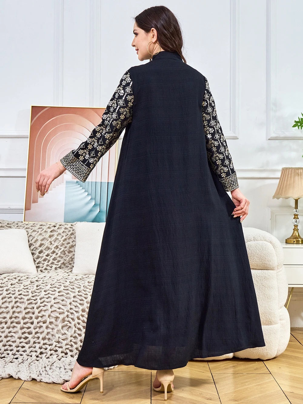 ML187 Embroidered Sequin Abaya Dress – Elegant V-Neck Modest Long Robe