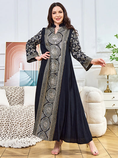 ML187 Embroidered Sequin Abaya Dress – Elegant V-Neck Modest Long Robe