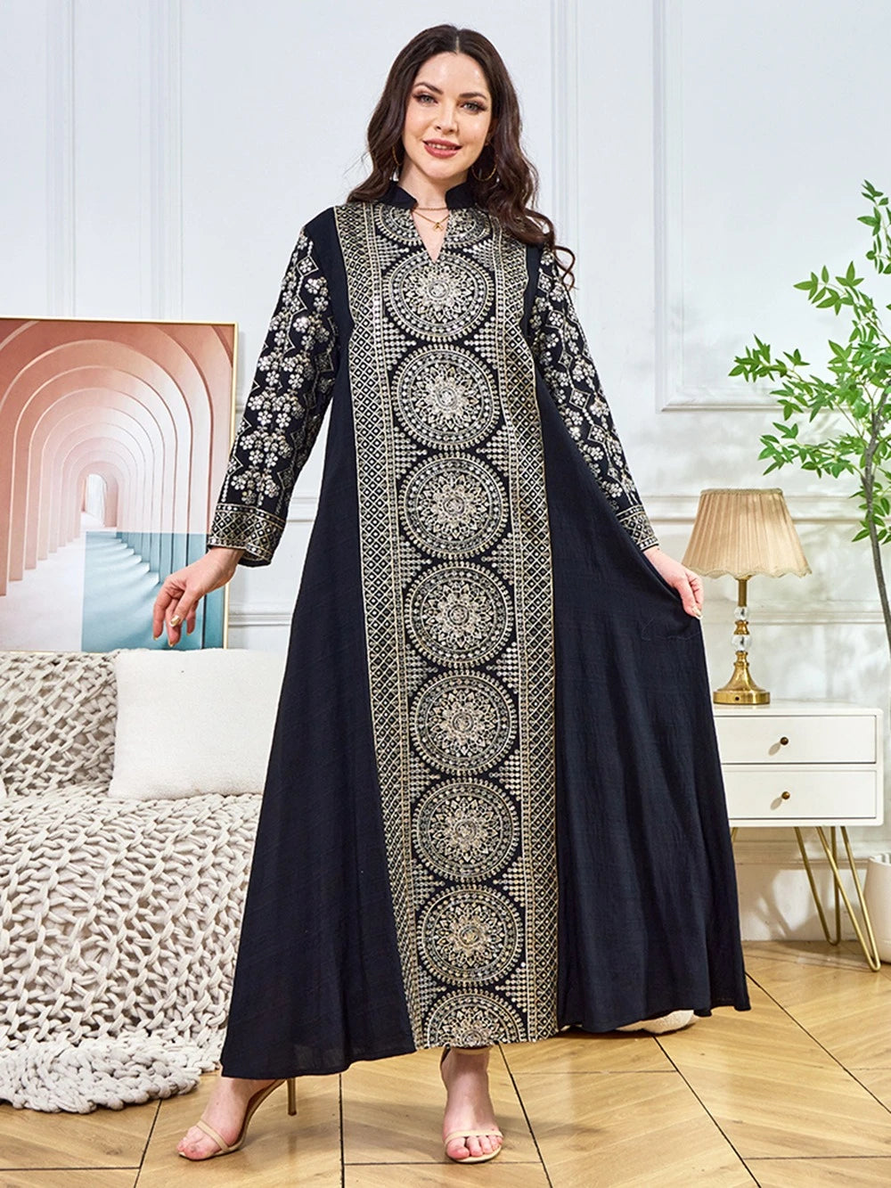 ML187 Embroidered Sequin Abaya Dress – Elegant V-Neck Modest Long Robe