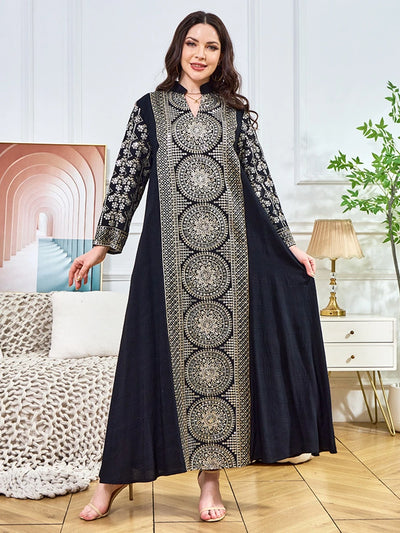ML187 Embroidered Sequin Abaya Dress – Elegant V-Neck Modest Long Robe
