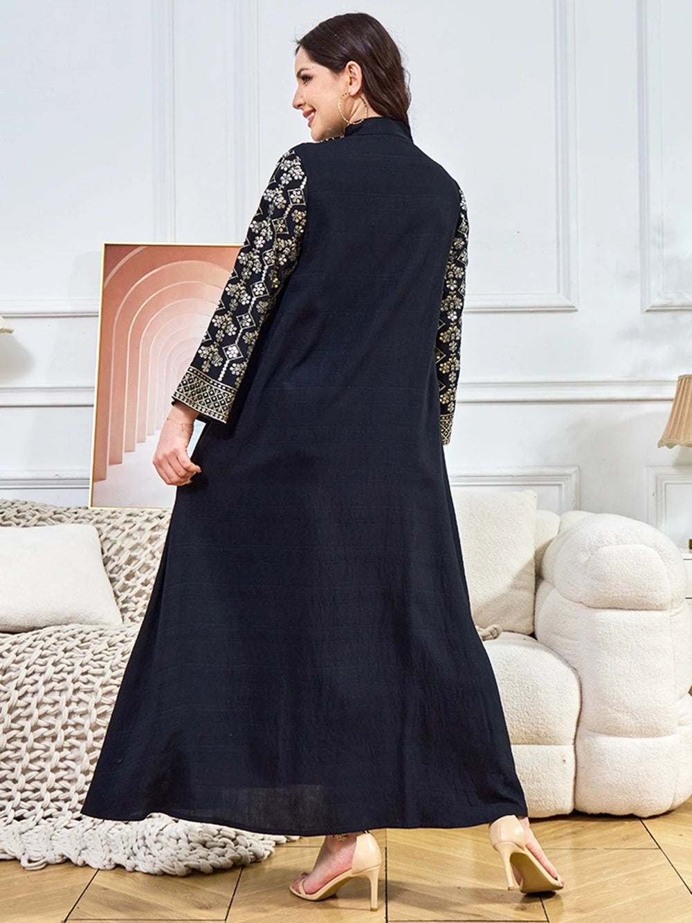 ML187 Embroidered Sequin Abaya Dress – Elegant V-Neck Modest Long Robe