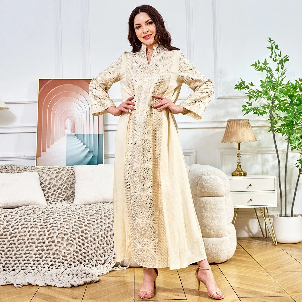 ML187 Embroidered Sequin Abaya Dress – Elegant V-Neck Modest Long Robe