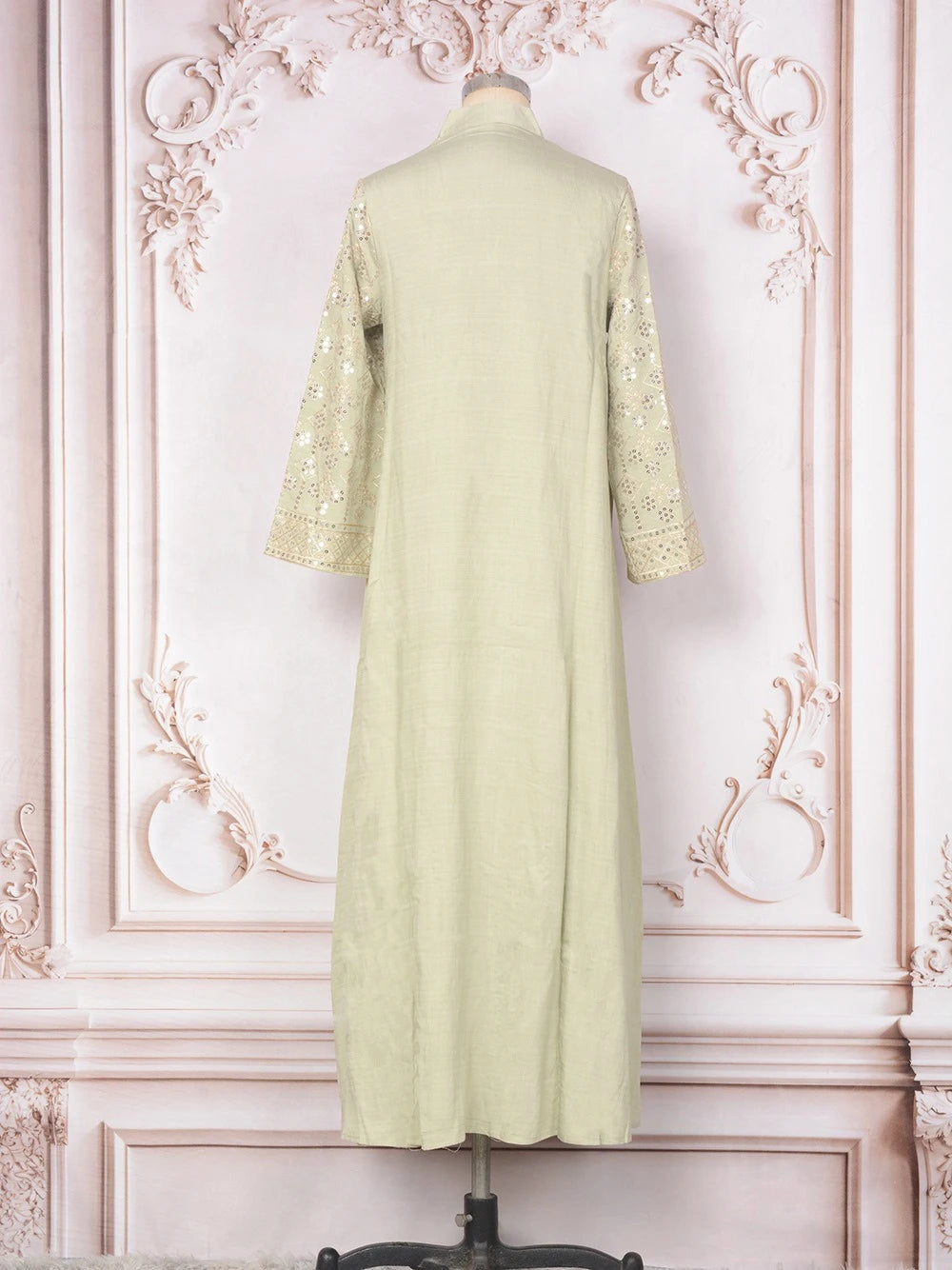 ML187 Embroidered Sequin Abaya Dress – Elegant V-Neck Modest Long Robe