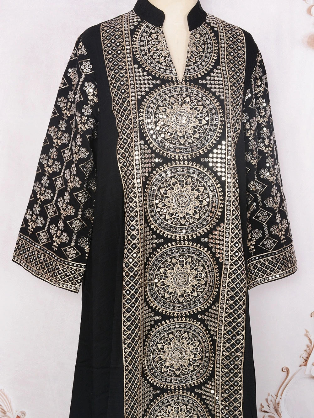 ML187 Embroidered Sequin Abaya Dress – Elegant V-Neck Modest Long Robe