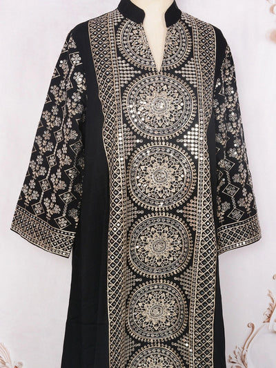 ML187 Embroidered Sequin Abaya Dress – Elegant V-Neck Modest Long Robe