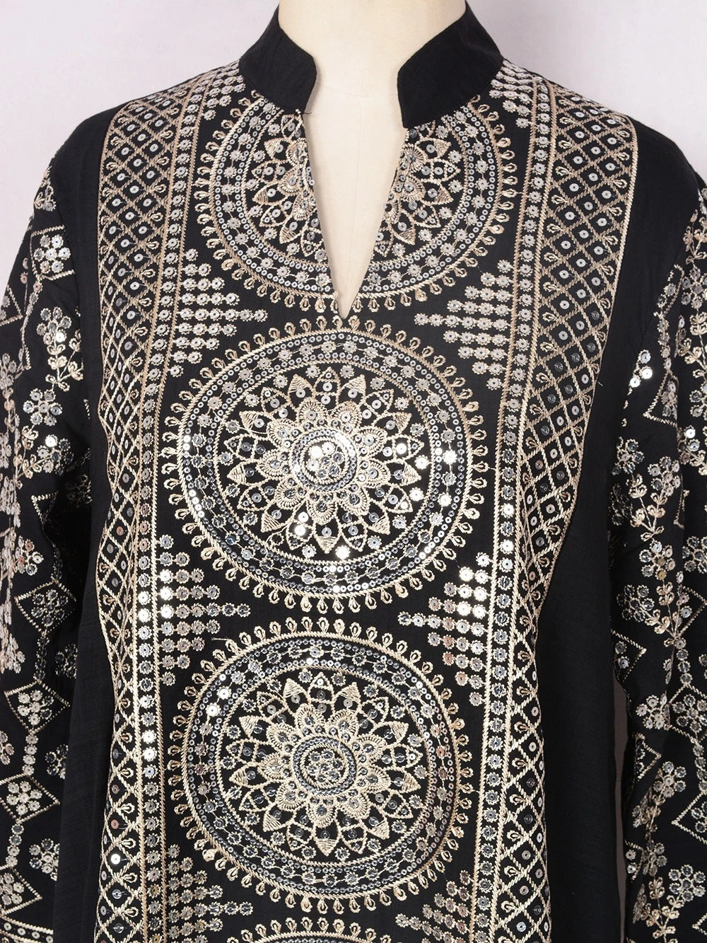 ML187 Embroidered Sequin Abaya Dress – Elegant V-Neck Modest Long Robe